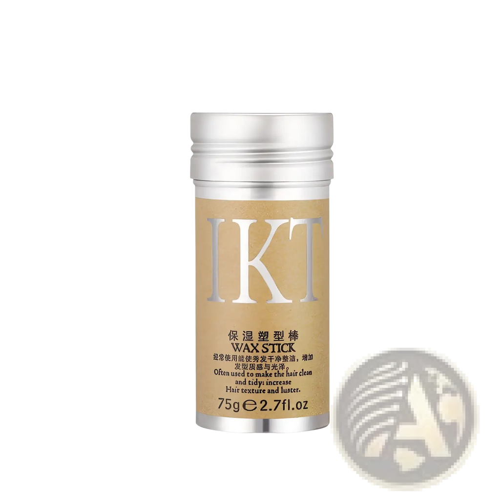 Ikt hair wax stick in cylindrical container with silver lid and tan label for flyaway hair styling 75g