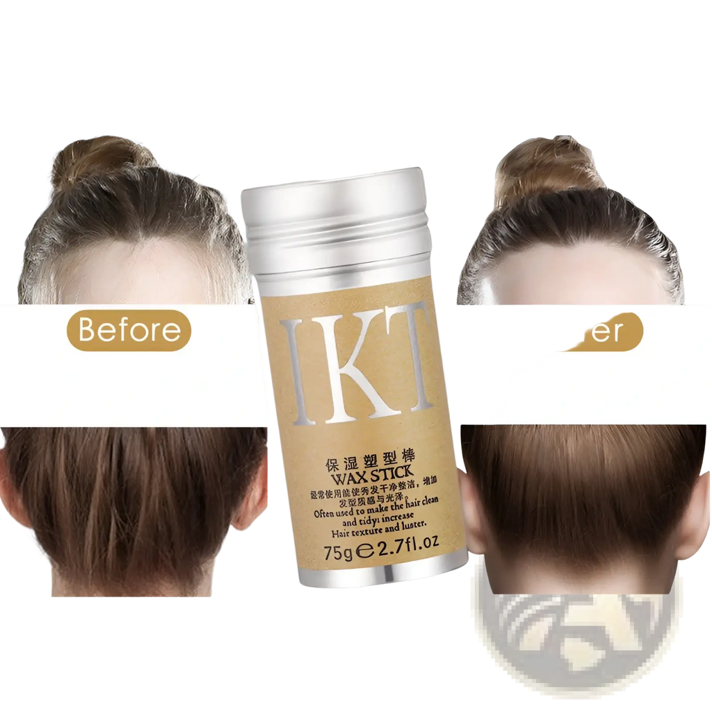 Silver-topped cylindrical container of ikt hair wax stick for flyaway hair styling with tan label in chinese and english