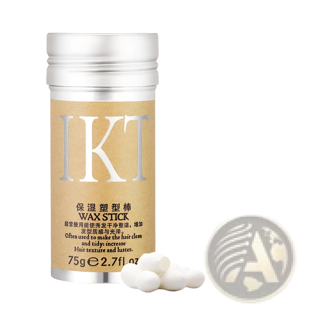Silver-topped cylindrical container of ikt hair wax stick with tan label and white wax sticks for flyaway hair styling 75g