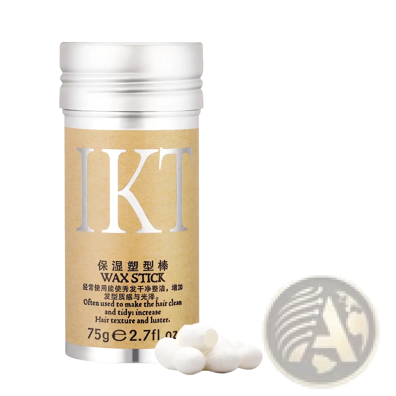Silver-topped cylindrical container of ikt hair wax stick with tan label and white wax sticks for flyaway hair styling 75g