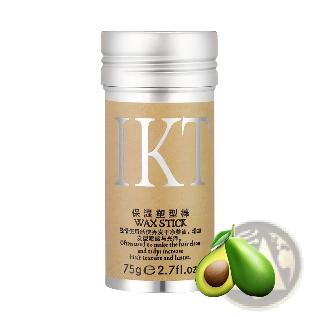 A sleek silver-topped cylindrical hair wax stick for flyaway hair styling 75g with avocado moisturizing formula