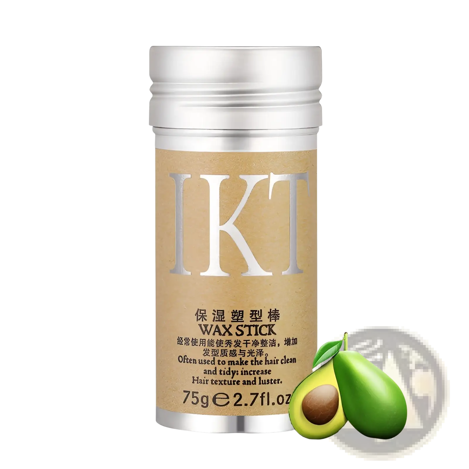 A sleek silver-topped cylindrical hair wax stick for flyaway hair styling 75g with avocado moisturizing formula
