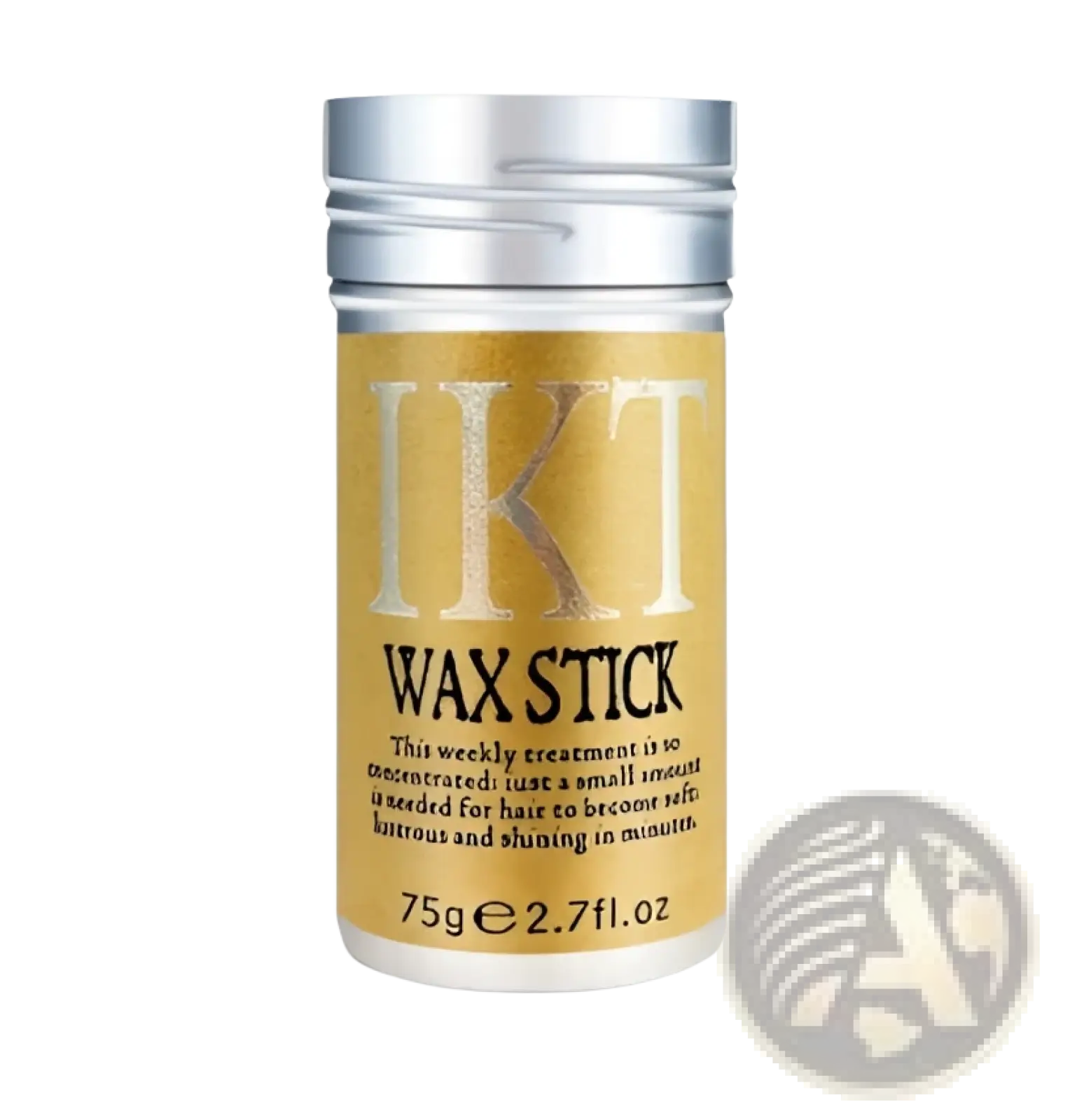 Ikt hair wax stick for flyaway hair styling in a sleek silver and gold cylindrical container with bold white lettering