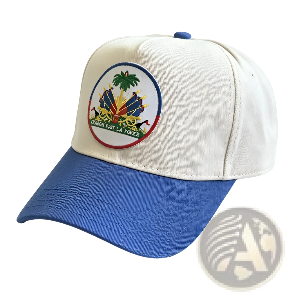 Cream-colored baseball cap with blue brim and embroidered Haitian flag patch for sun protection