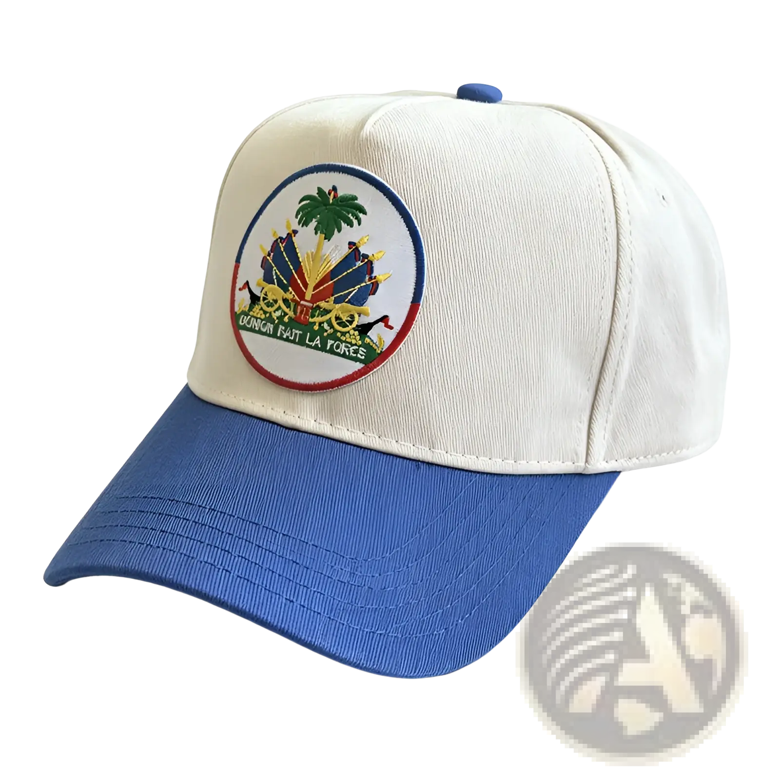 Cream-colored baseball cap with blue brim and embroidered Haitian flag patch for sun protection