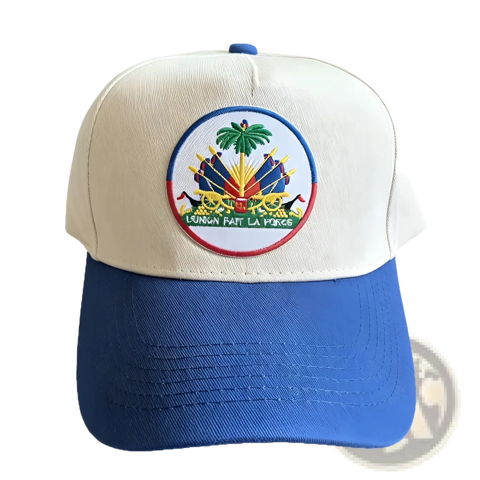 Beige and blue two-tone baseball cap with embroidered Haitian national emblem patch offering sun protection