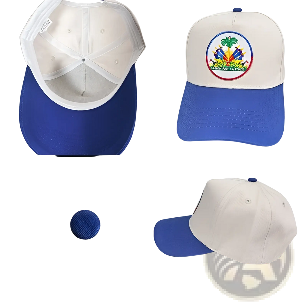 Beige and royal blue two-tone baseball cap with embroidered Haitian flag emblem for sun protection