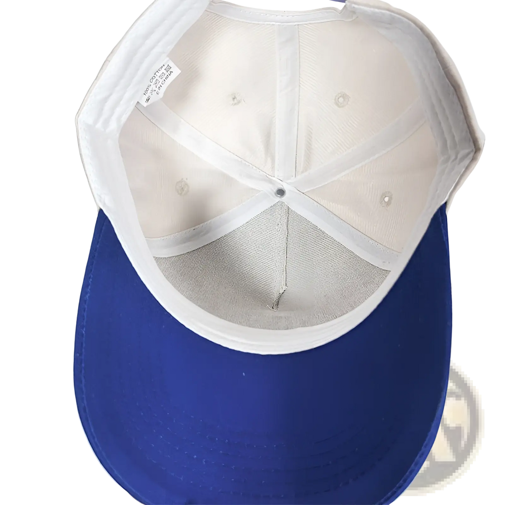 Blue and white haitian flag sun protection baseball cap with mesh interior and cream blue colors
