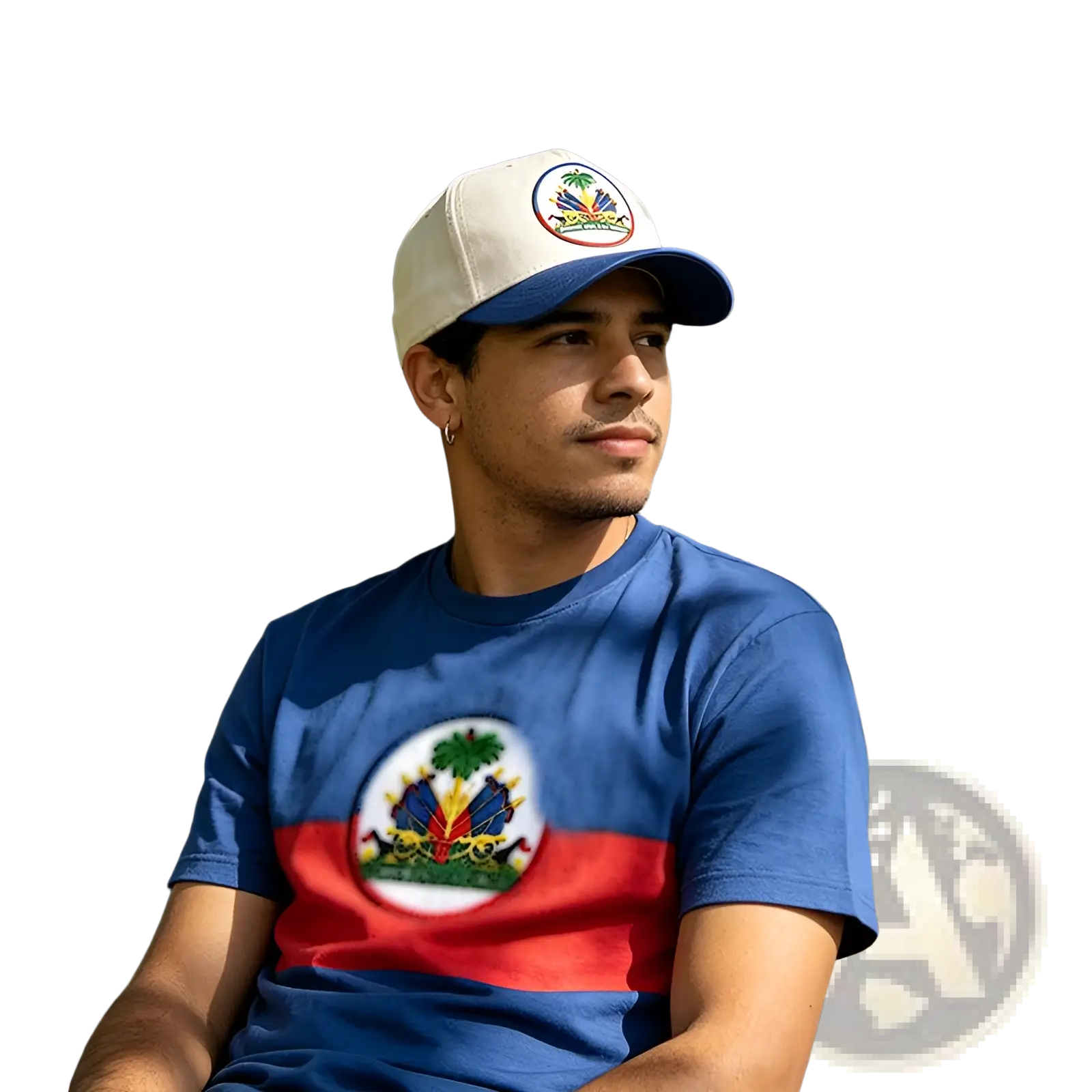 White and blue baseball cap with circular embroidered Haitian national emblem for sun protection and style