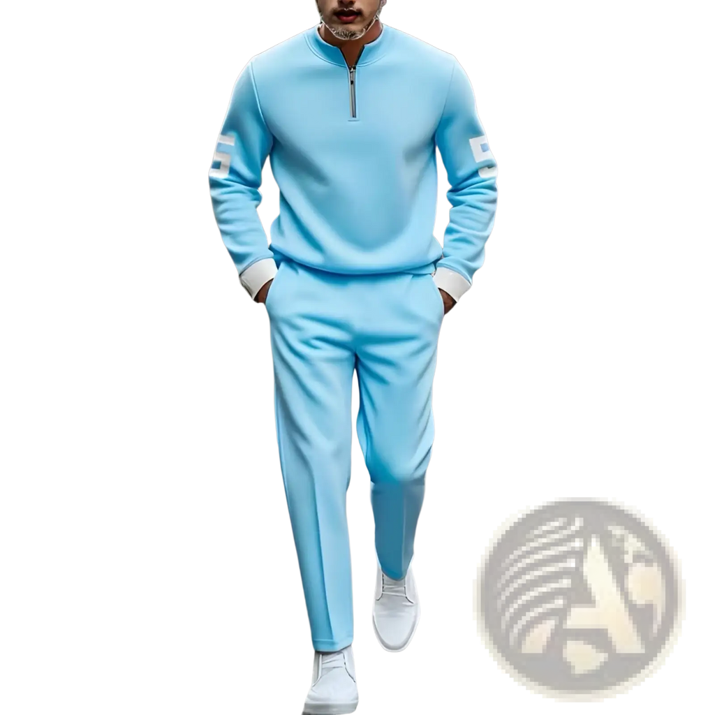 Light blue half zip athletic sweatsuit printed set with soft texture white ribbed cuffs and subtle logo patches on sleeves