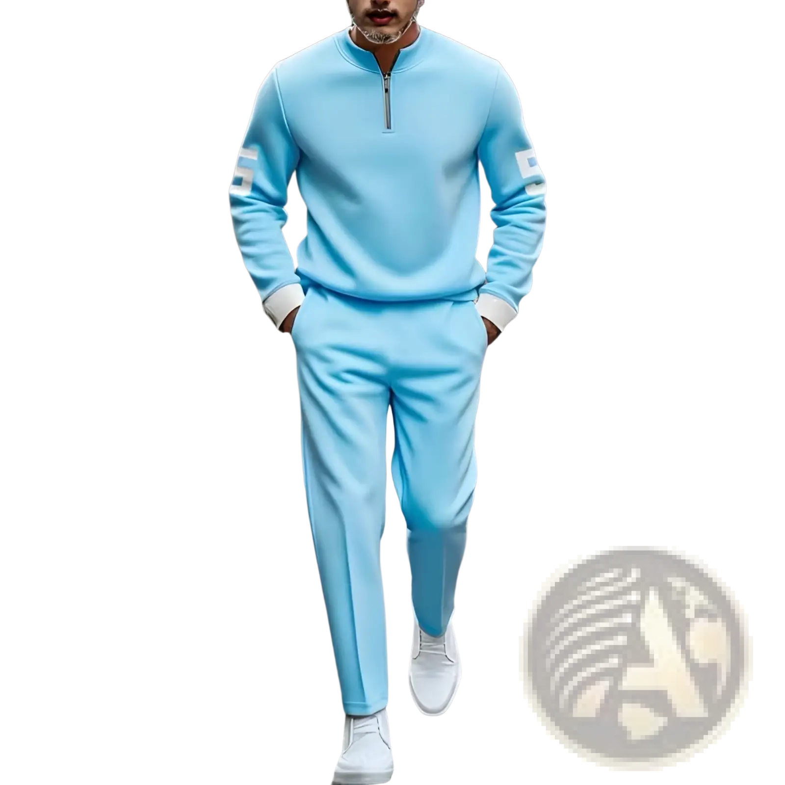 Light blue half zip athletic sweatsuit printed set with soft texture white ribbed cuffs and subtle logo patches on sleeves