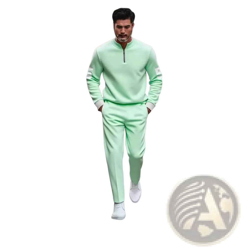 Mint green half zip athletic sweatshirt with white sleeve accents and matching pants for casual wear