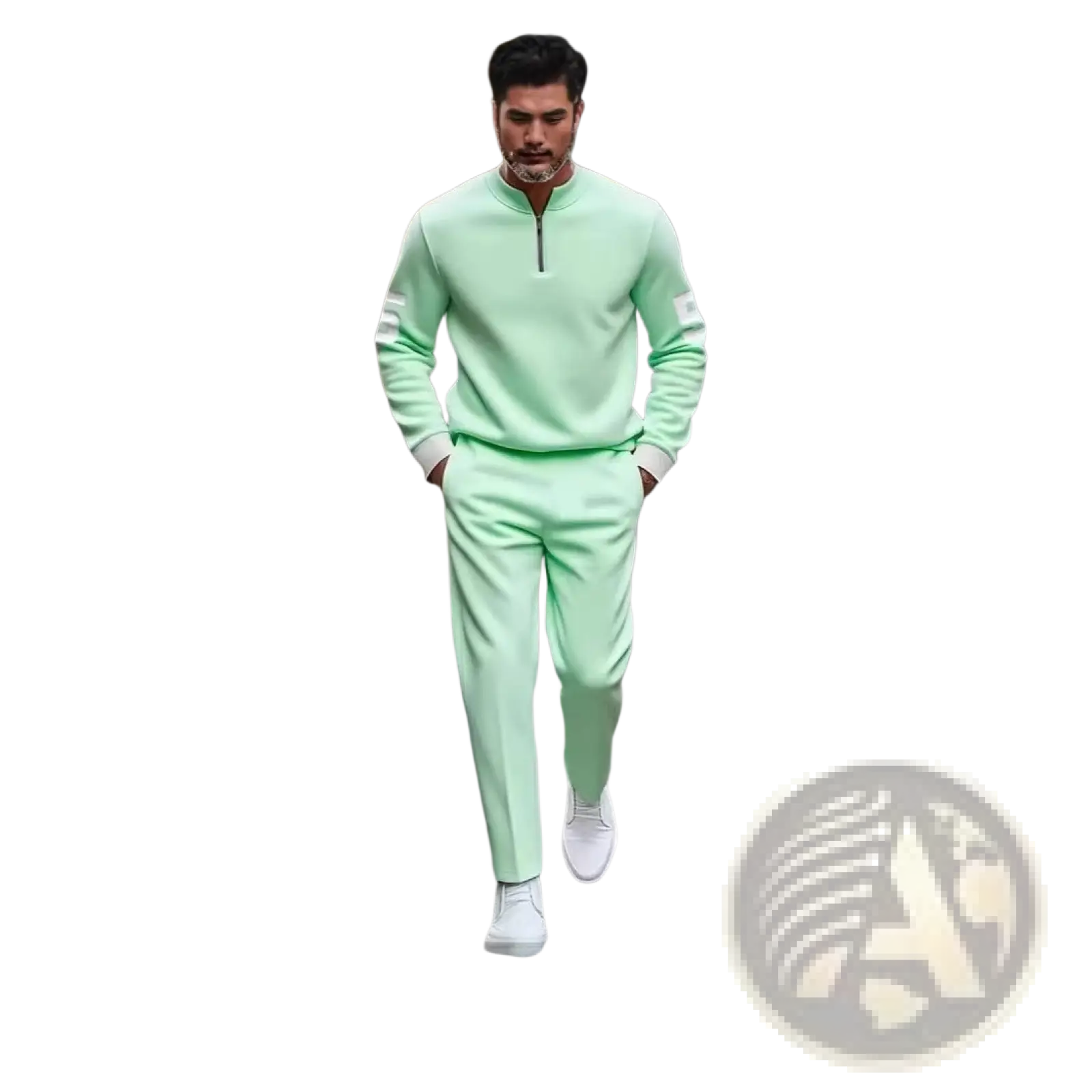 Mint green half zip athletic sweatshirt with white sleeve accents and matching pants for casual wear