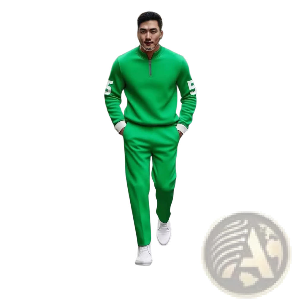 Vibrant green half zip athletic sweatsuit printed set with white number 5 on sleeves and matching pants