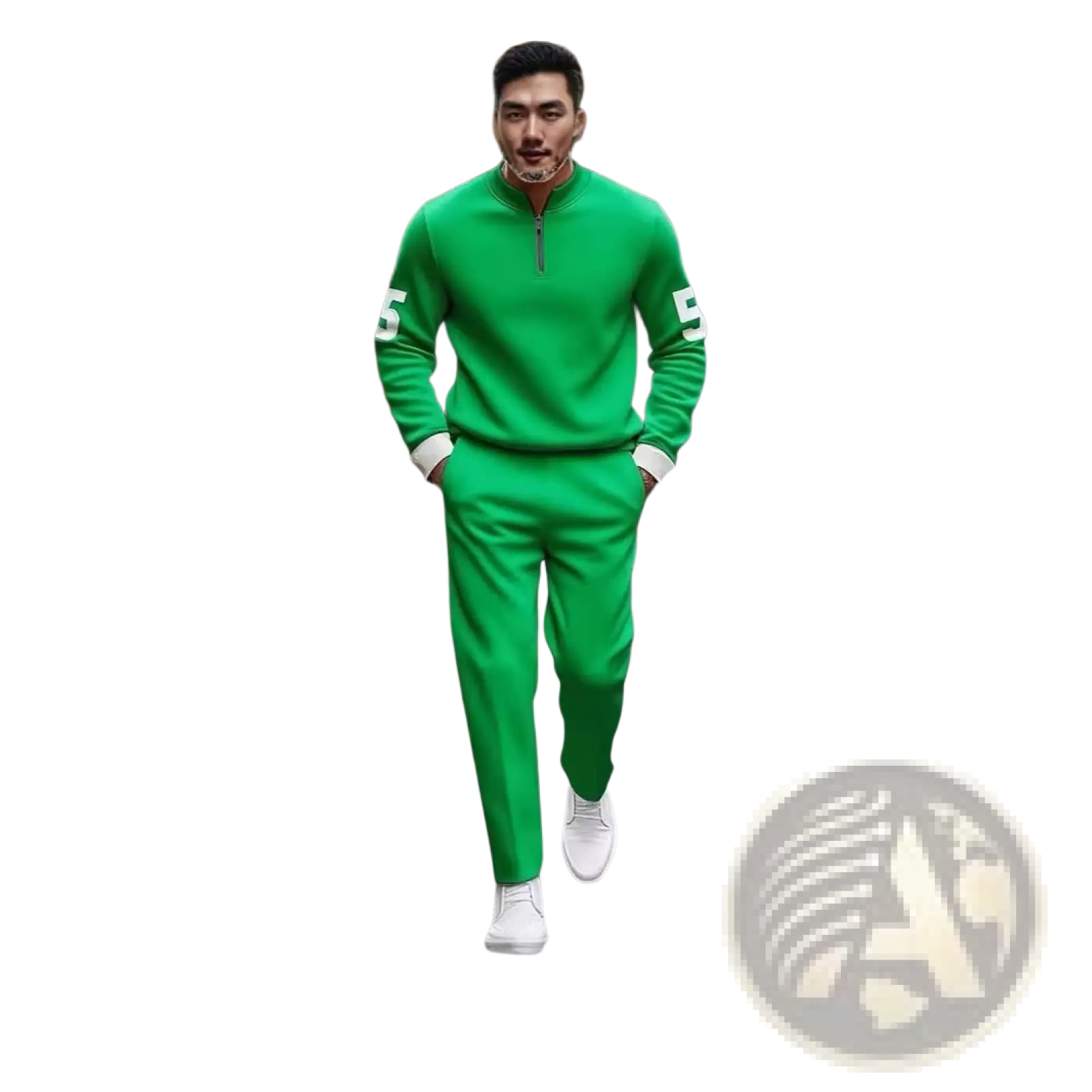 Vibrant green half zip athletic sweatsuit printed set with white number 5 on sleeves and matching pants
