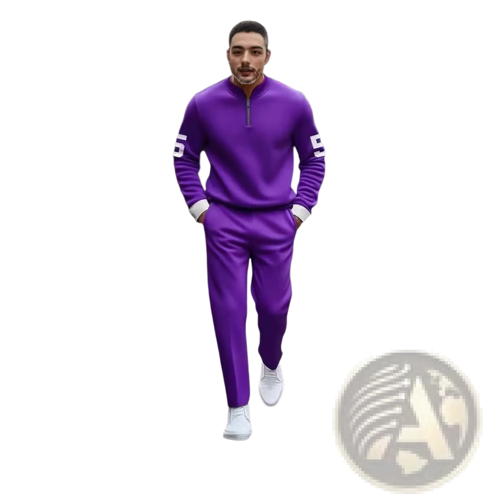 Vibrant purple half zip athletic sweatsuit printed set with white numerals on sleeves and matching pants