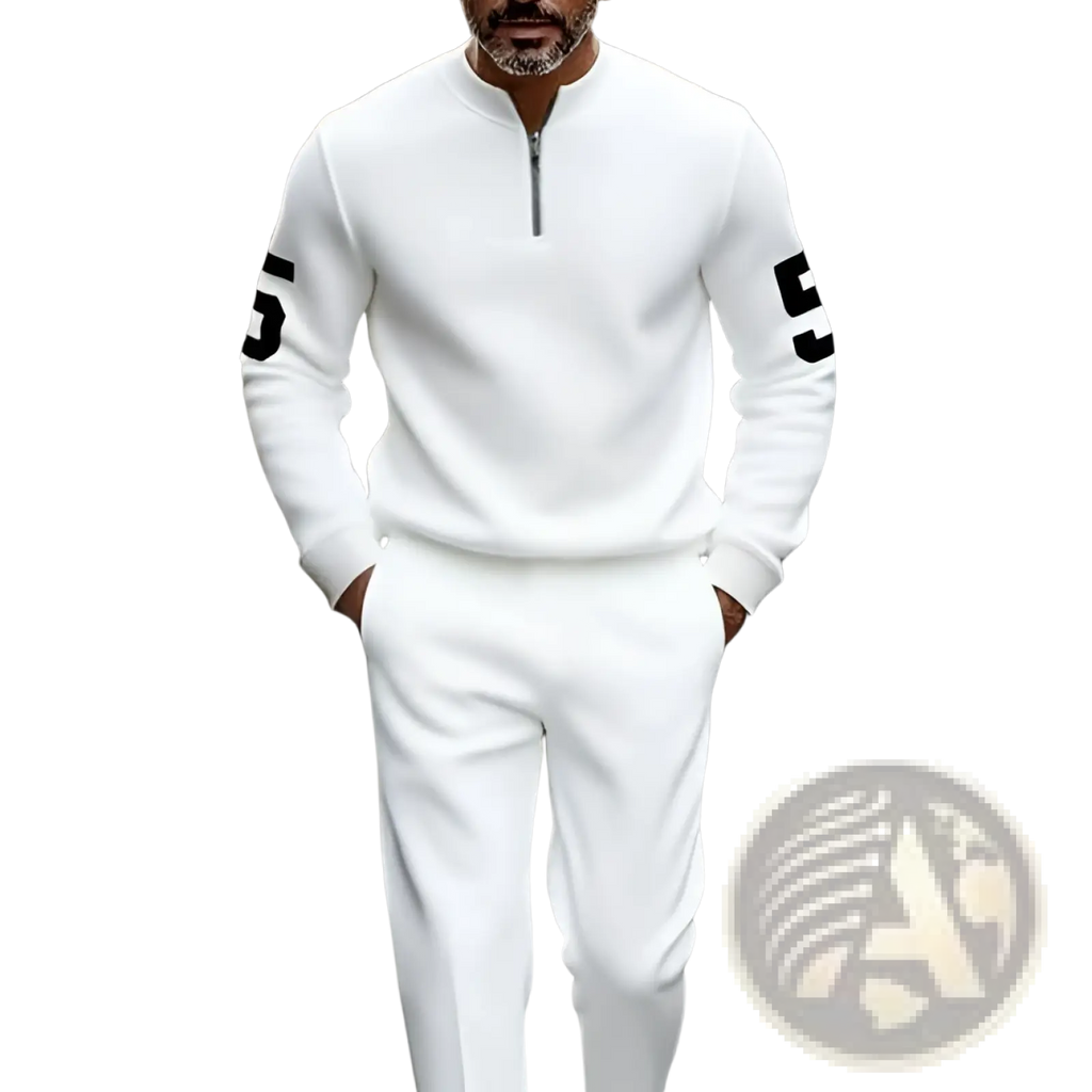 White half zip athletic sweatsuit printed set with black number 5 on each sleeve made for sportswear