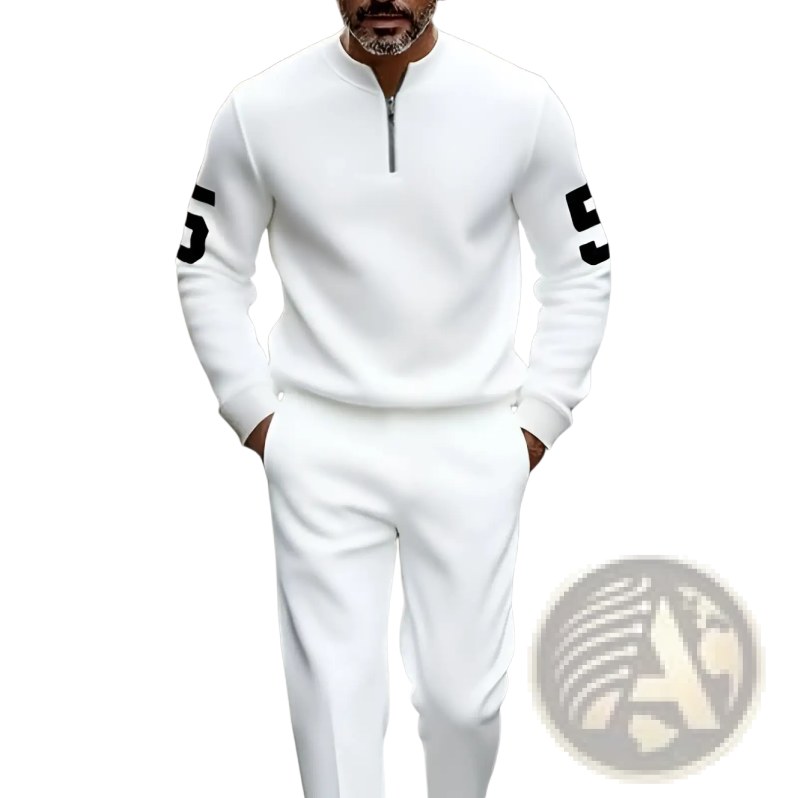 White half zip athletic sweatsuit printed set with black number 5 on each sleeve made for sportswear