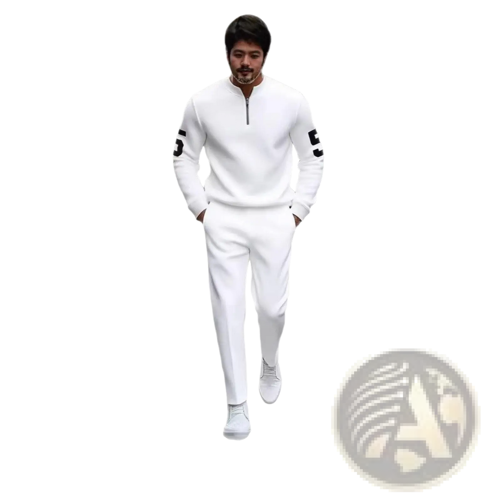 White half zip athletic sweatshirt featuring black numerals on the sleeves in a printed sweatsuit set