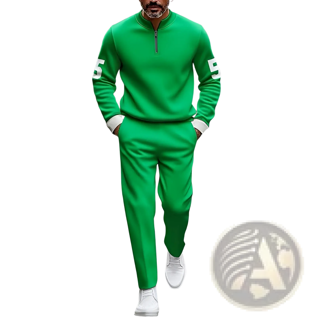 Vibrant green half zip athletic sweatsuit printed set with white number 5 on sleeves and matching pants