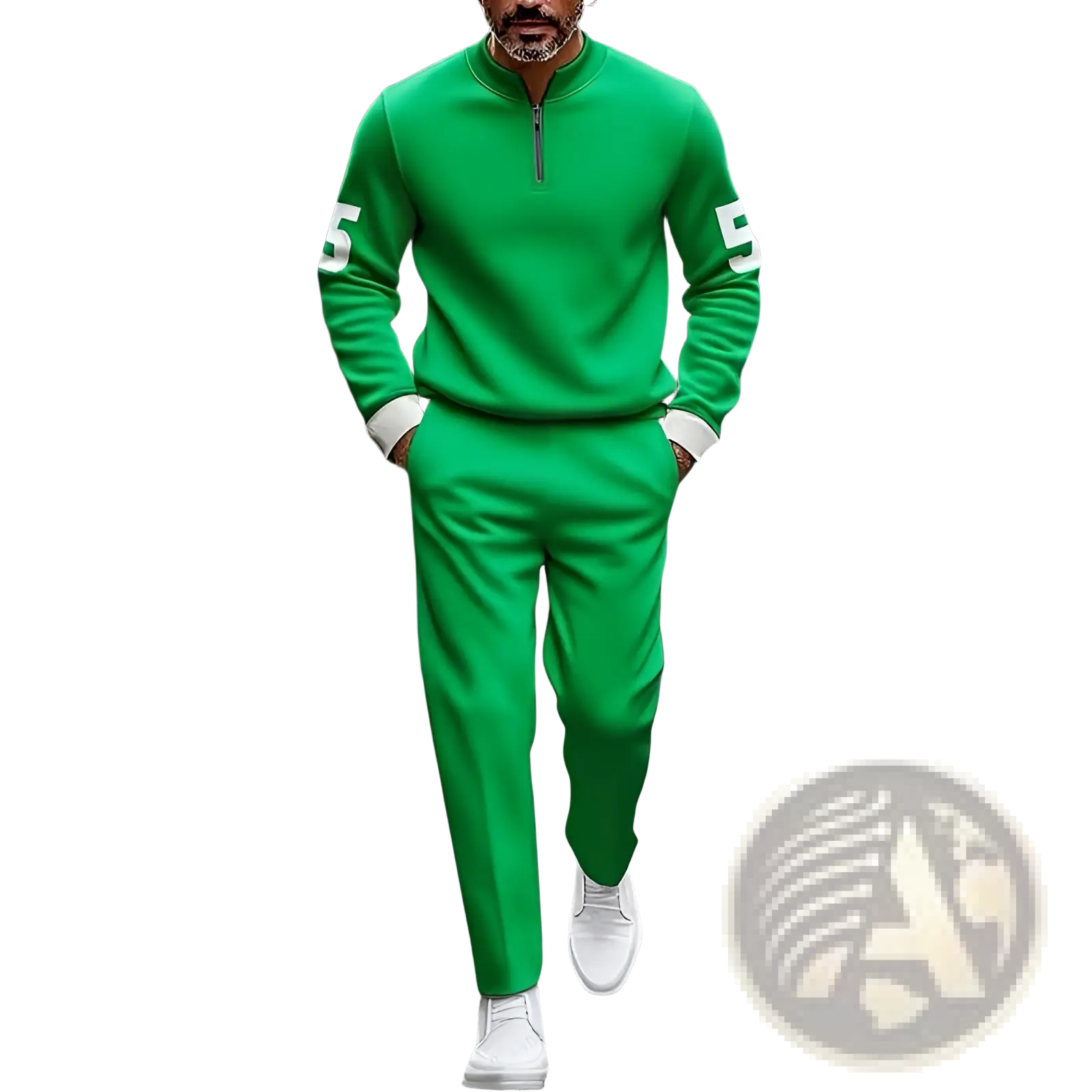 Vibrant green half zip athletic sweatsuit printed set with white number 5 on sleeves and matching pants