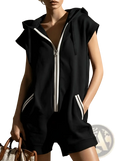 Black sleeveless hooded romper with half zip and white striped side pockets for casual wear