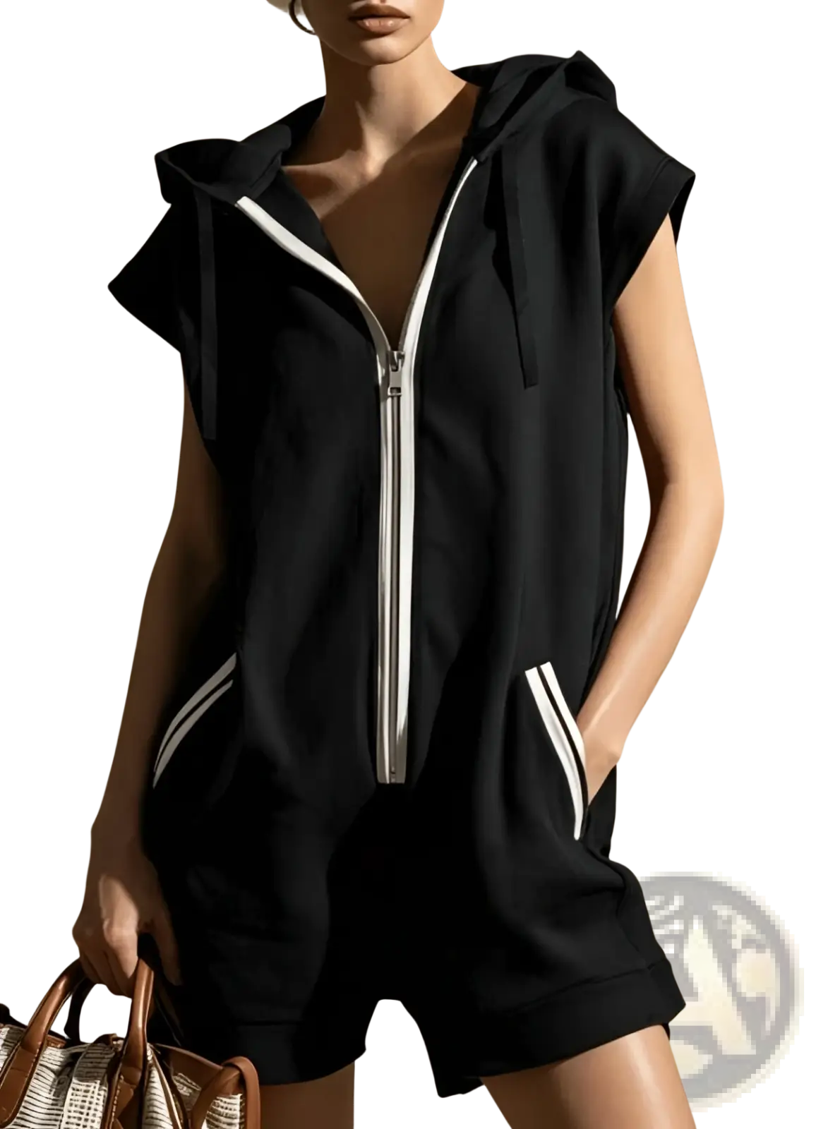 Black sleeveless hooded romper with half zip and white striped side pockets for casual wear