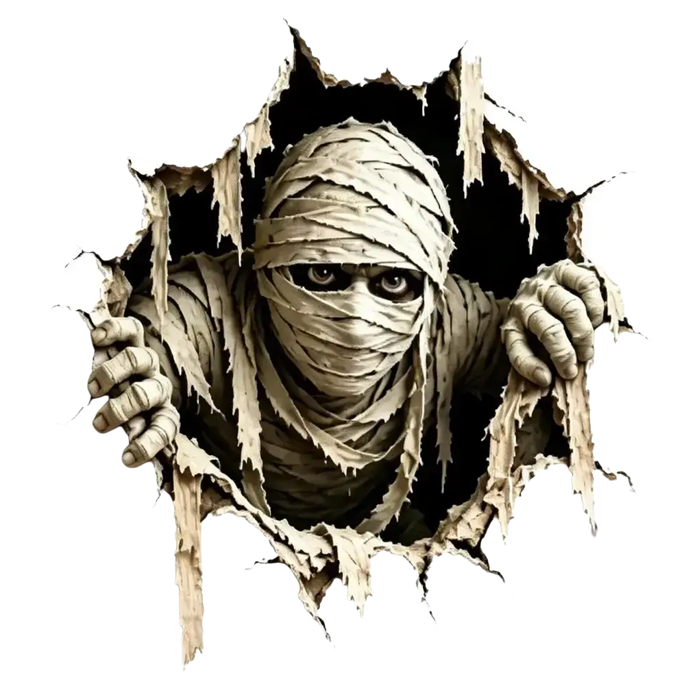 Beige textured mummy figure with dark eyes peering through torn wall hole halloween 3d wall paper stickers