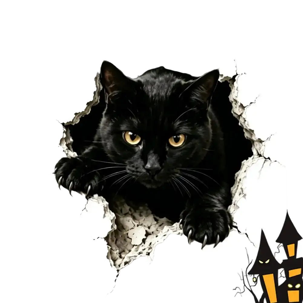 A glossy black cat with yellow eyes on a halloween 3d wall sticker paper spooky decal for festive decorations
