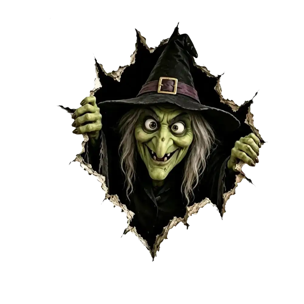 Green-skinned witch halloween 3d wall sticker paper sticker with torn wall effect for spooky decor