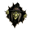 A green-skinned witch with gray hair and black hat peering through a torn wall halloween 3d wall sticker paper sticker
