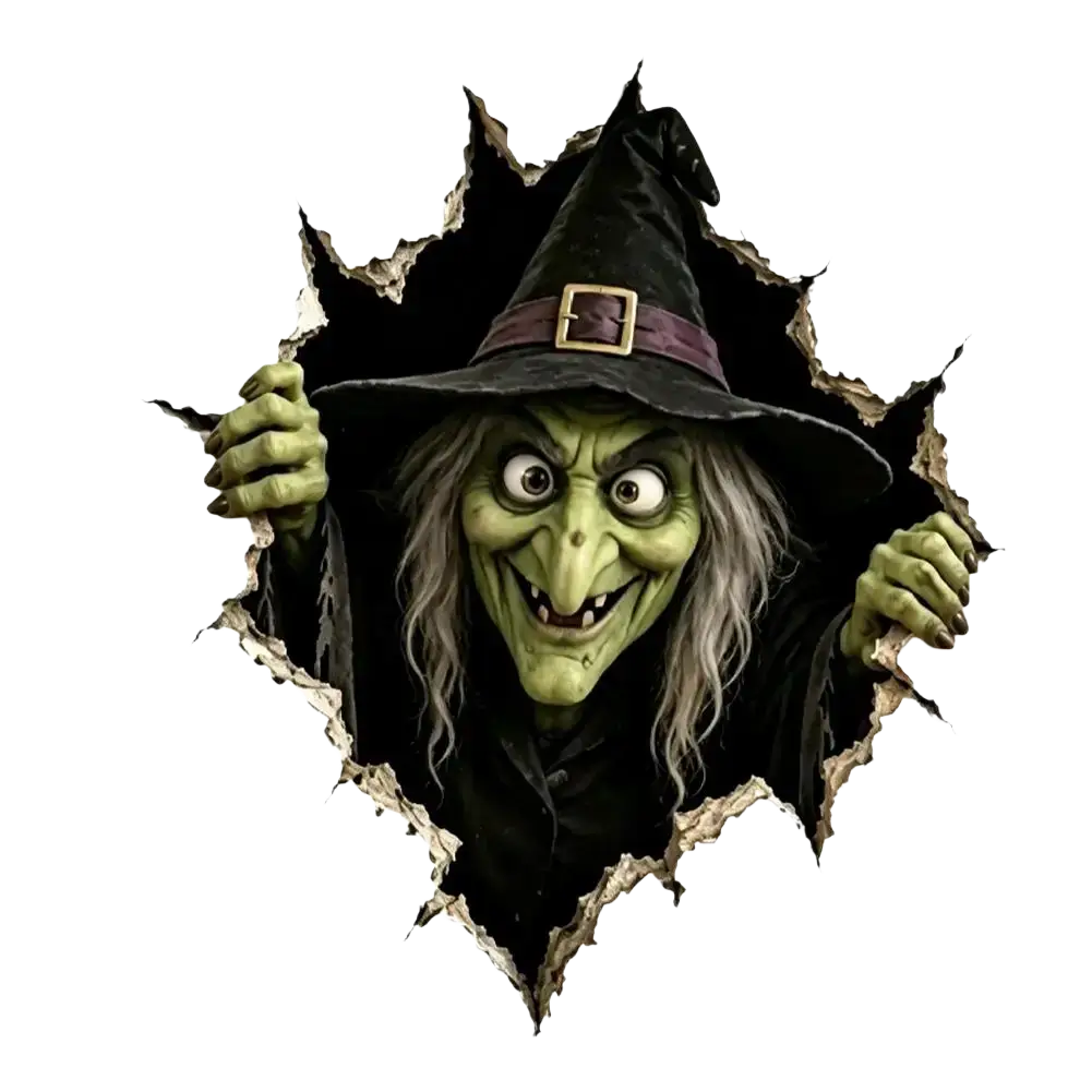 A green-skinned witch with gray hair and black hat peering through a torn wall halloween 3d wall sticker paper sticker