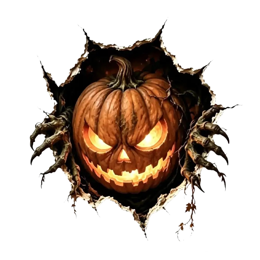 A glowing orange halloween 3d wall sticker paper decal showing a jack-o-lantern bursting through a torn wall