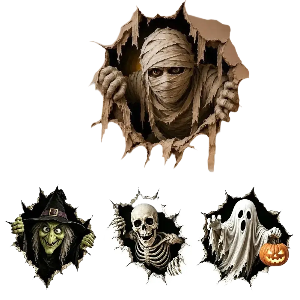 Halloween 3d wall paper stickers featuring mummy witch skeleton and ghost designs with torn paper effects wall sticker