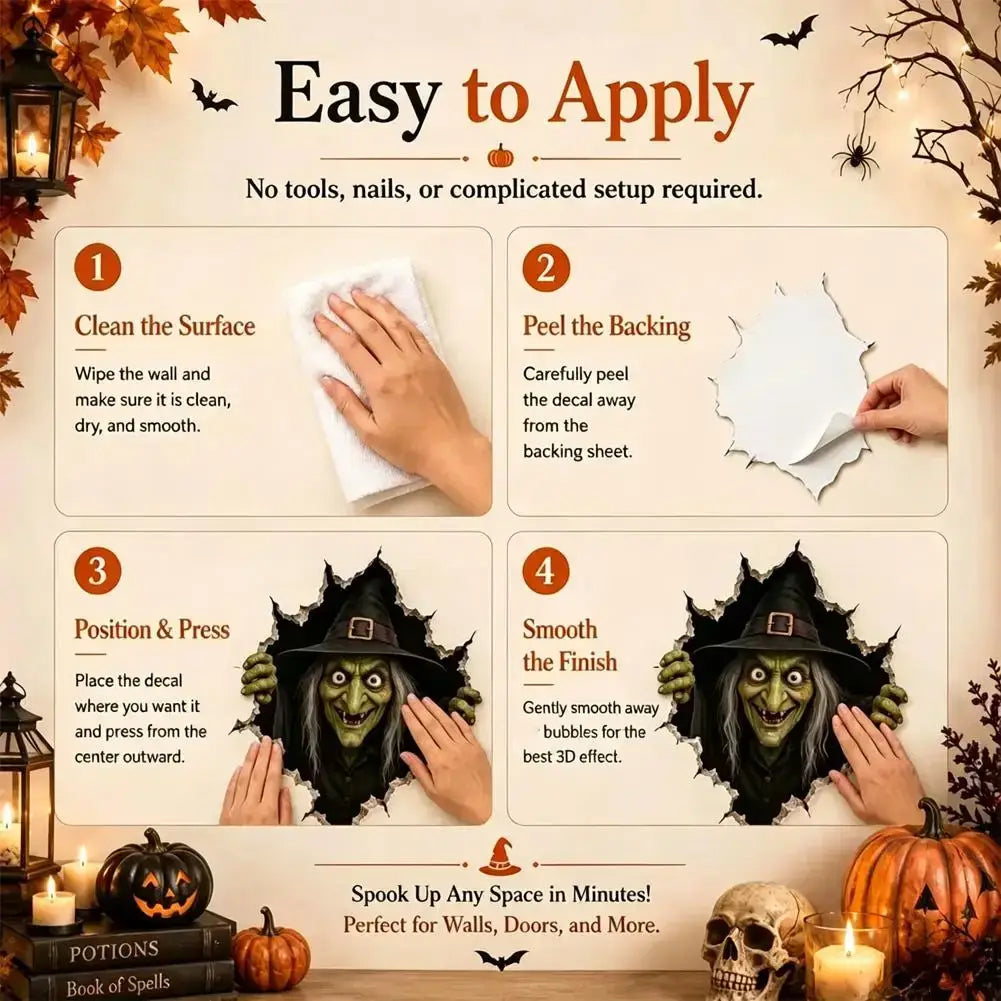 Halloween 3d wall sticker paper featuring a green witch with black hat bursting through the wall for spooky decor