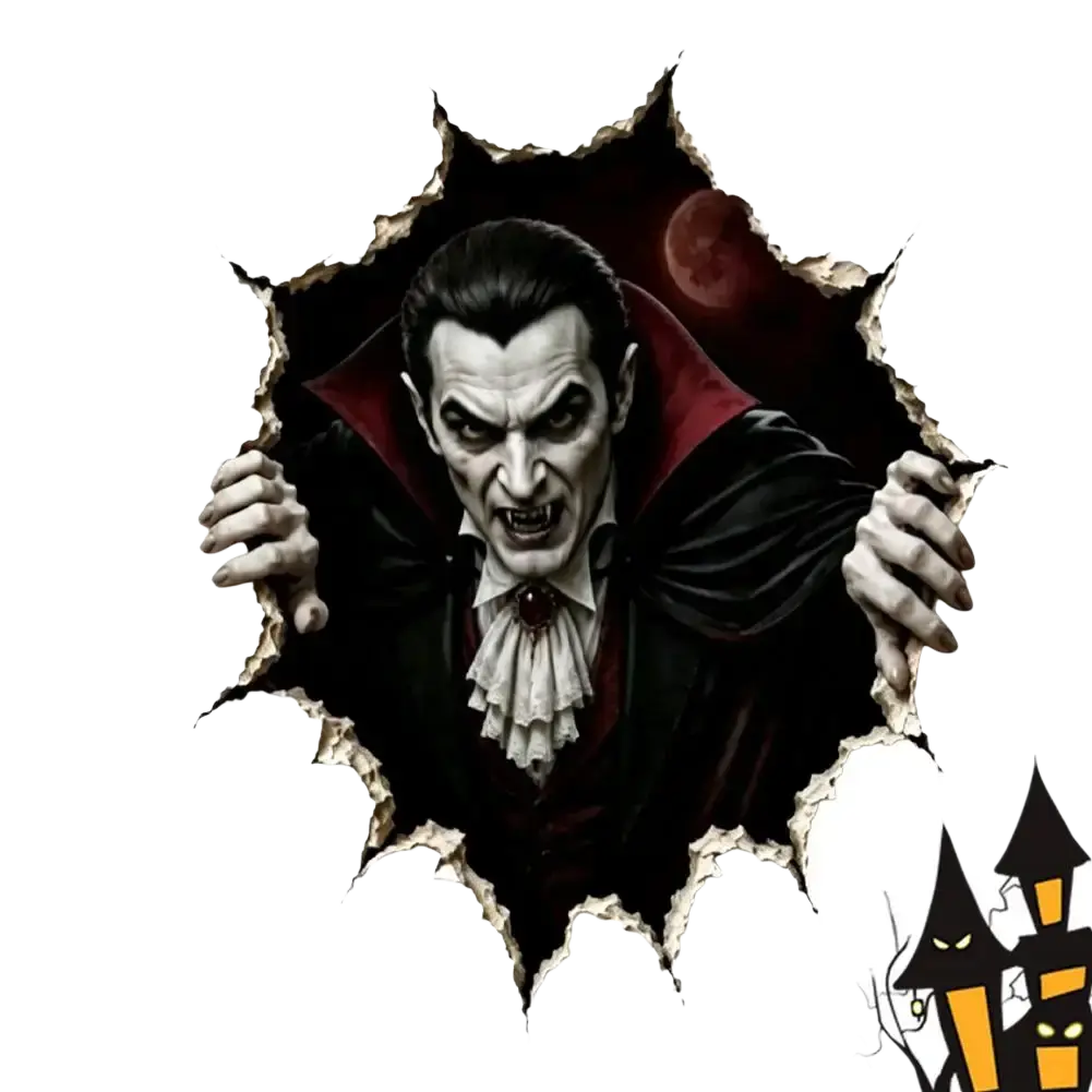 A menacing vampire with pale skin and red cape peeks through a torn wall in a halloween 3d wall sticker paper decal