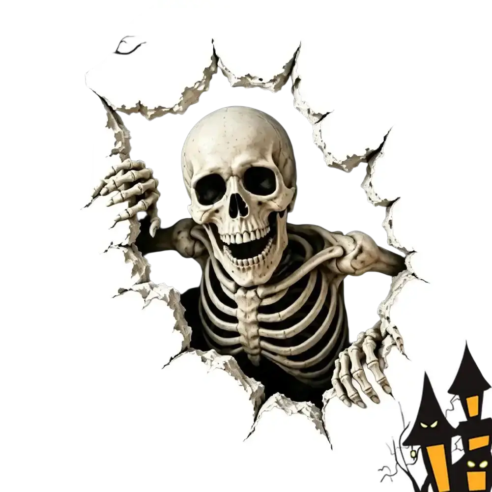 A white 3d halloween wall sticker with detailed paper skeleton design peeking through a torn wall decal