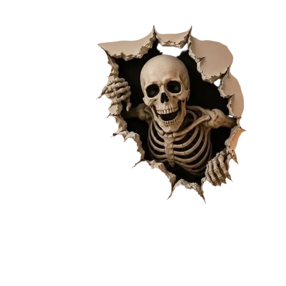 A white halloween 3d wall sticker with a detailed skeleton design and torn paper edges for spooky paper stickers