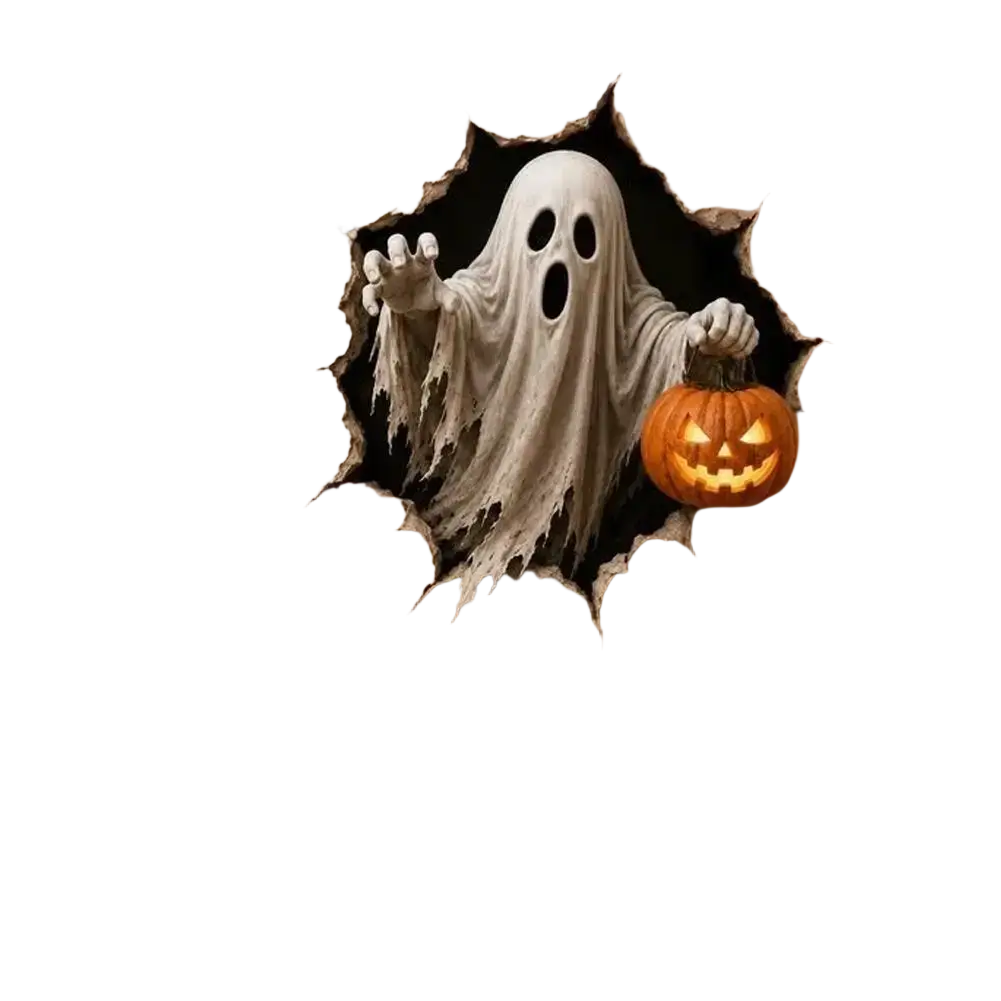 A white ghost-shaped halloween 3d wall sticker paper decal with torn-paper effect holding an orange carved pumpkin