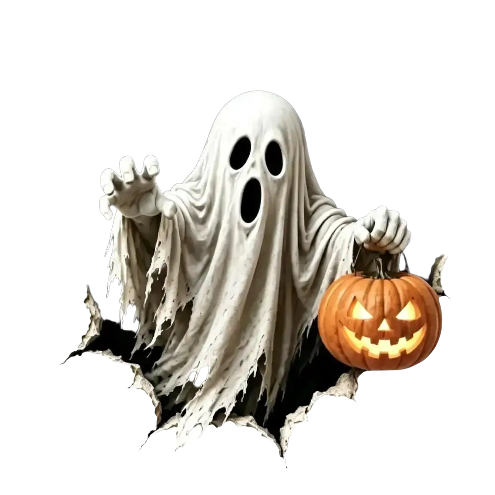 A white translucent ghost holding an orange jack-o-lantern emerges from a torn wall hole halloween 3d wall sticker paper stickers