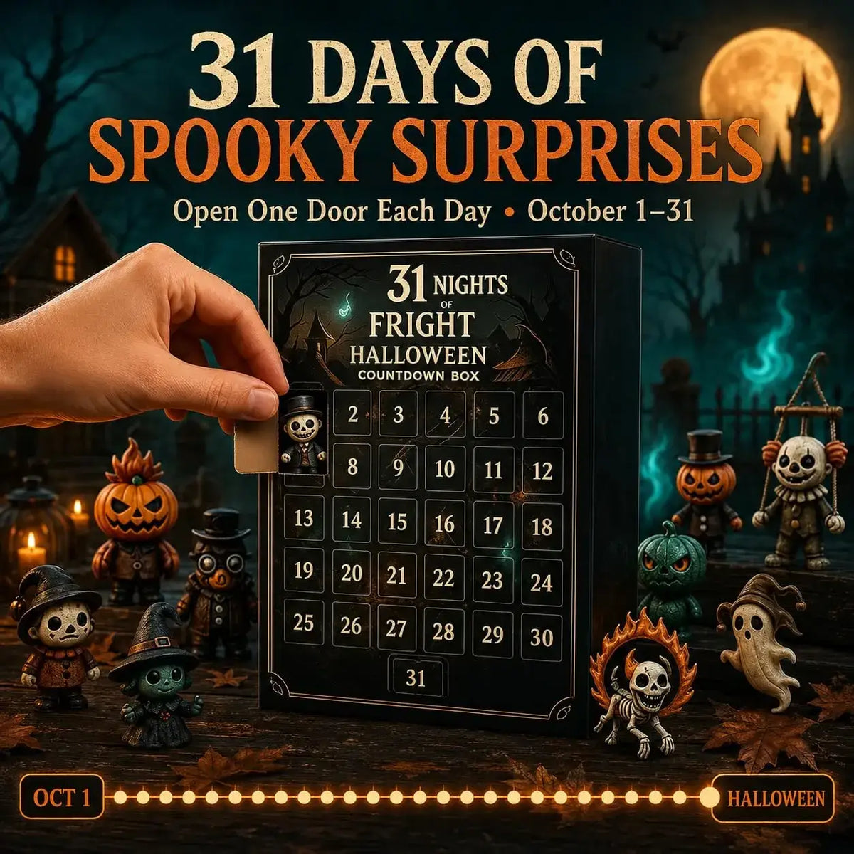 Black halloween advent calendar box with 31 numbered doors featuring mini spooky figurines for countdown use