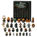 Black halloween advent calendar box with 31 numbered compartments and mini spooky figurines in various costumes
