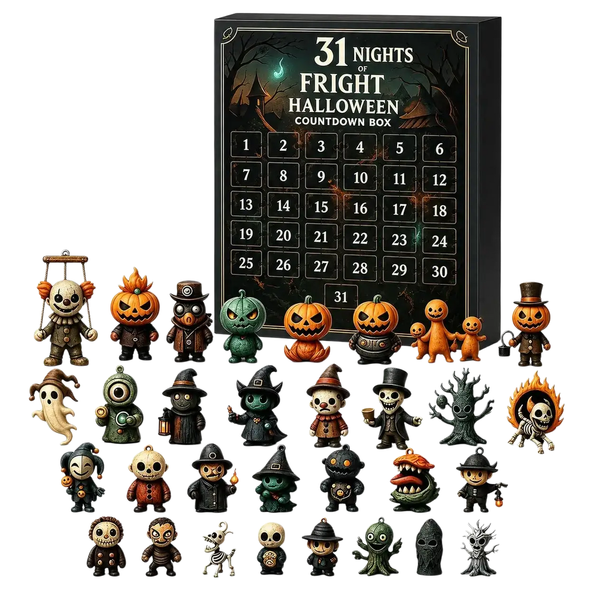 Black halloween advent calendar box with 31 numbered compartments and mini spooky figurines in various costumes