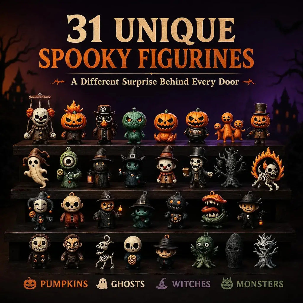Halloween advent calendar featuring 31 mini spooky figurines of pumpkins ghosts witches and monsters in vibrant colors