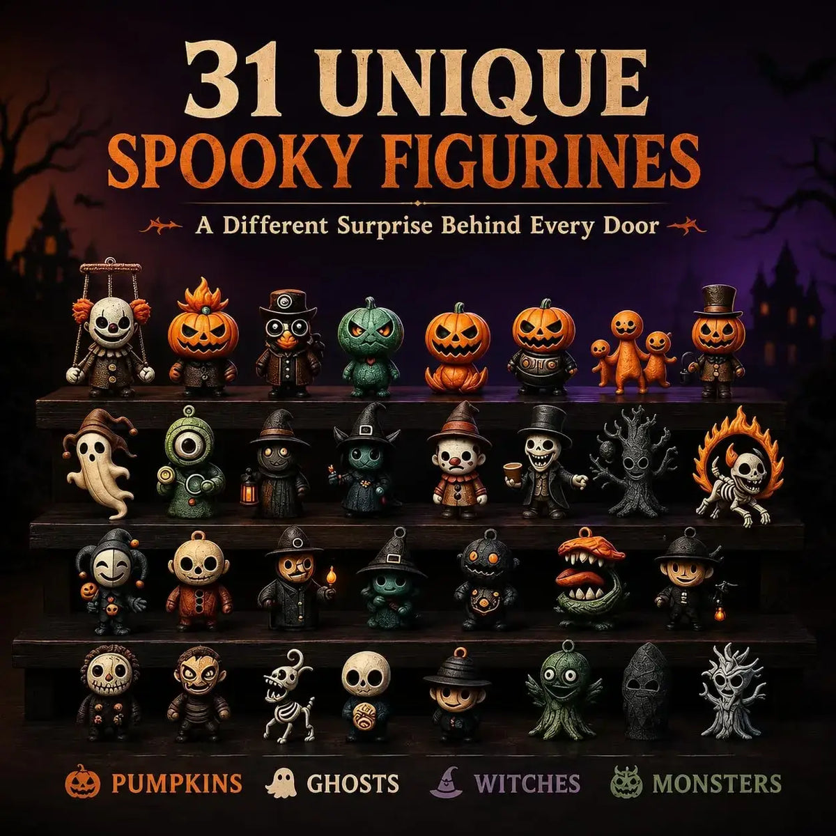 Halloween advent calendar featuring 31 mini spooky figurines of pumpkins ghosts witches and monsters in vibrant colors