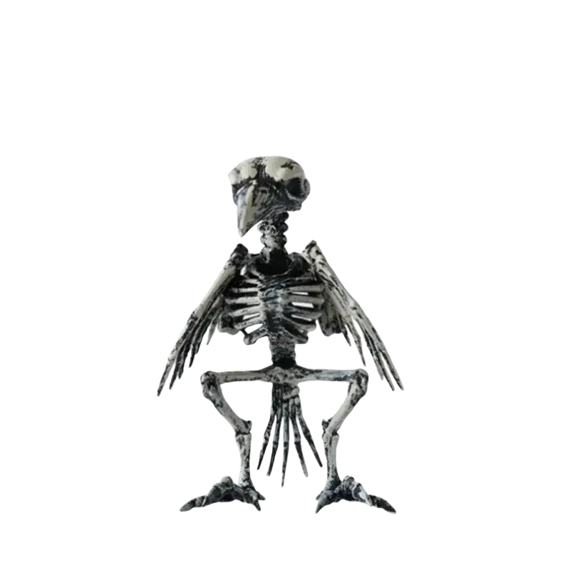 A 21cm tall black and white halloween animal bird skeleton figurine with spread wings in a perched stance