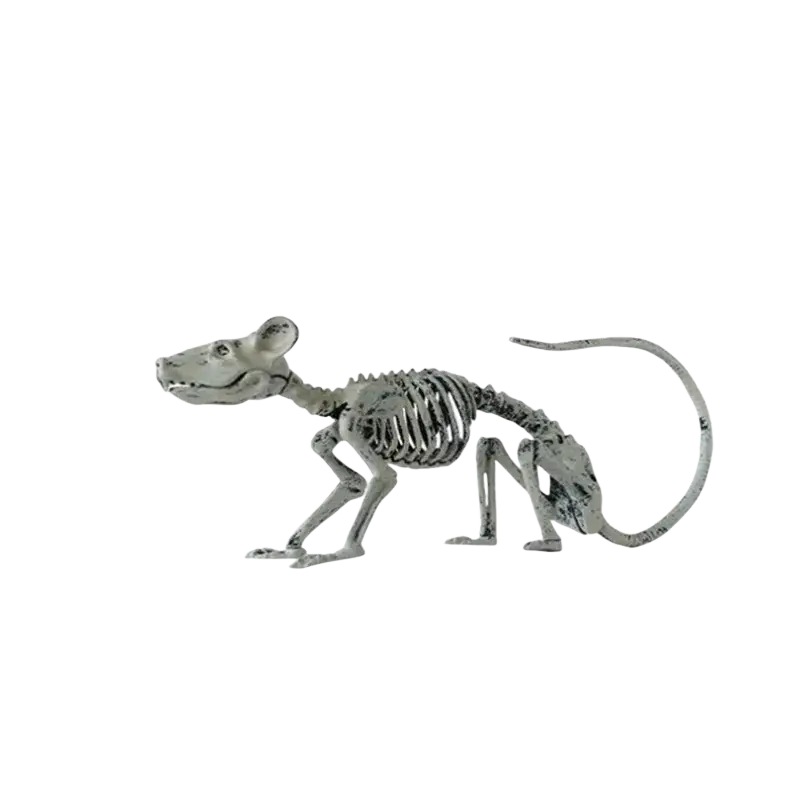A detailed metallic gray mouse skeleton figurine with articulated joints in a halloween animal skeleton 4-piece set