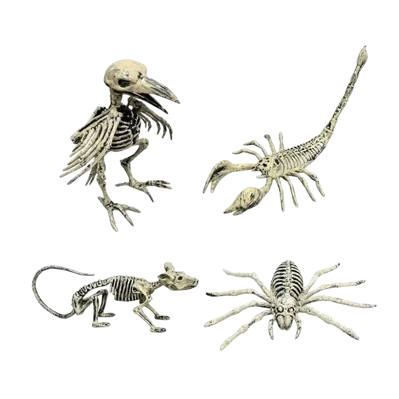 Set of four off-white plastic halloween animal skeleton figurines featuring a bird scorpion mouse and spider design