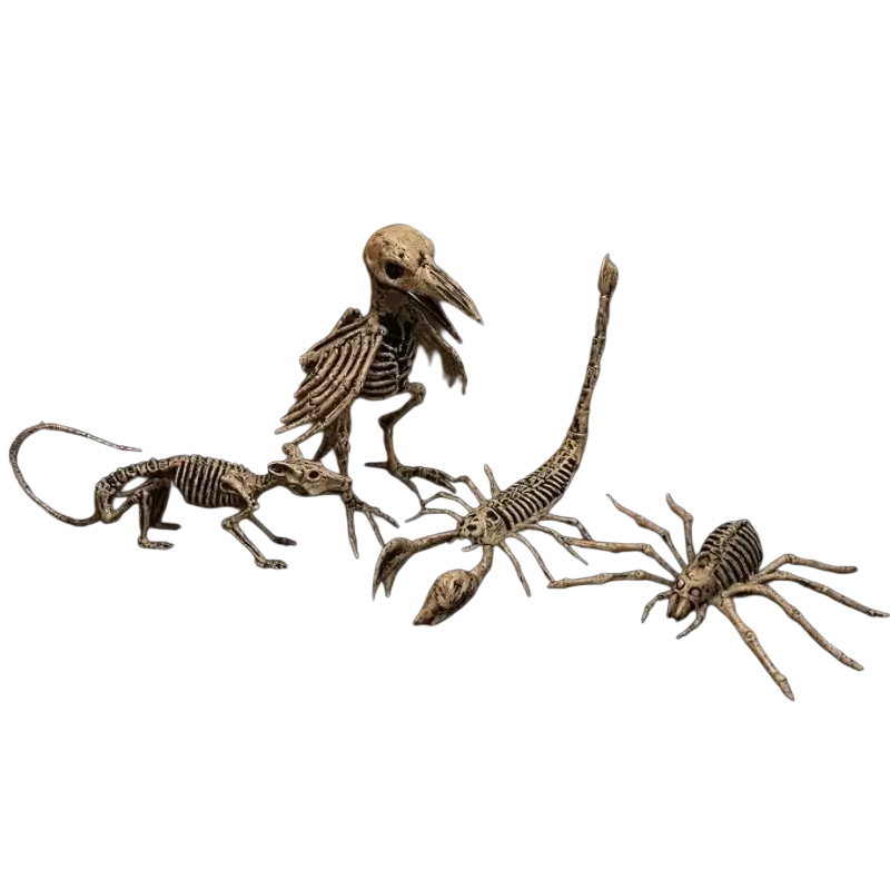 Set of four off-white plastic halloween animal skeletons including bird scorpion mouse and spider decoration set