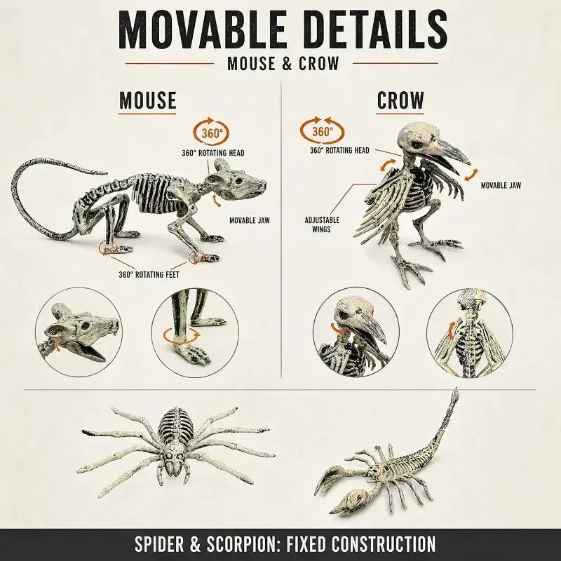 Gray plastic halloween animal skeleton figures of mouse crow spider and scorpion with movable parts set